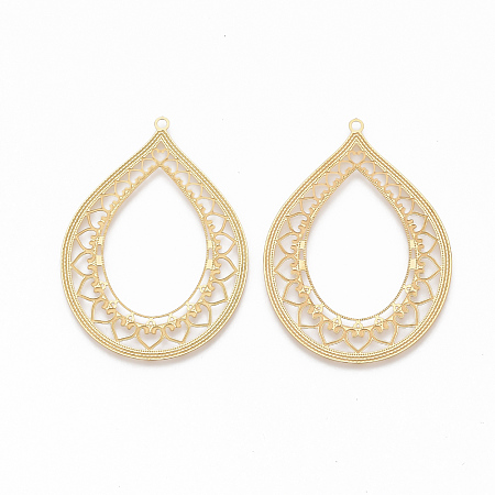 Honeyhandy 304 Stainless Steel Filigree Pendants, Textured, teardrop, with Lace, Golden, 46x33.5x0.5mm, Hole: 1.5mm
