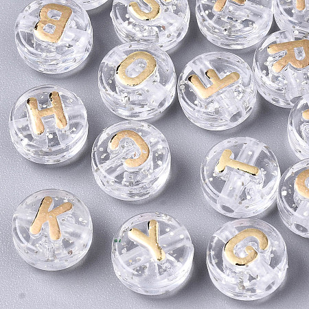 Honeyhandy Transparent Clear Acrylic Beads, with Glitter Powder, Horizontal Hole, Flat Round with Random Letters, Gold, 10x6mm, Hole: 2mm