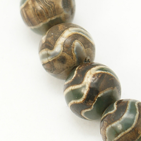 Honeyhandy Tibetan Style Wave Pattern dZi Beads, Natural Agate, Dyed, Round, Coffee, 8mm, Hole: 1mm, 47pcs/strand