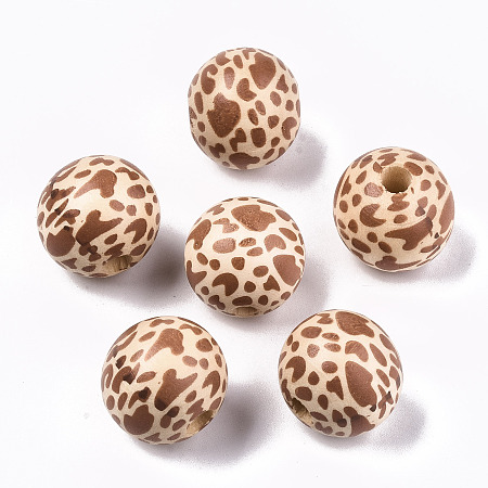 Honeyhandy Printed Natural Wooden Beads, Macrame Beads Large Hole, Round with Leopard Print Pattern, Peru, 20x18mm, Hole: 4mm