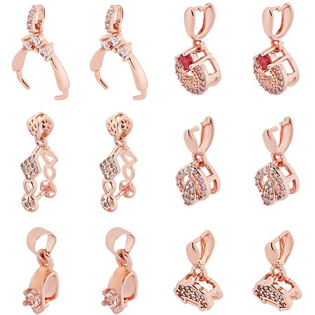 SUPERFINDINGS 12Pcs 6 Style Brass Micro Pave Cubic Zirconia Pendant Pinch Bails Brass Ice Pick Pinch Bails with Rhinestone Rose Gold Plated Pinch Clips for Jewelry Making