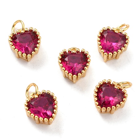Honeyhandy Real 18K Gold Plated Brass Inlaid Cubic Zirconia Charms, with Jump Ring, Long-Lasting Plated, Heart, Deep Pink, 8.5x7x4mm, Jump Ring: 4x0.5mm, 2.5mm Inner Diameter