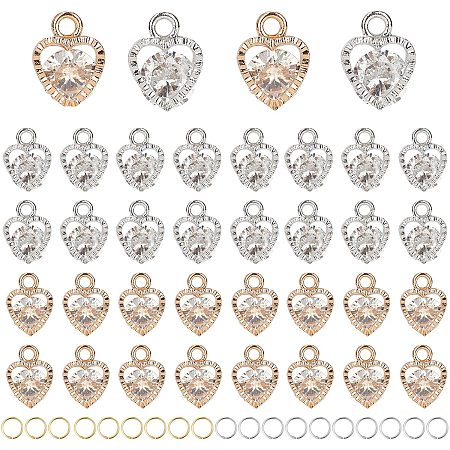 Pandahall Elite 220pcs 2 Style Cubic Zirconia Heart Shaped Charm Pendants, Crystal Alloy Pendants and Cubic Zirconia Charms Sets Heart Shape and Copper Rings for DIY Necklace Jewelry Making