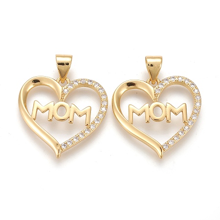Honeyhandy Brass Micro Pave Clear Cubic Zirconia Pendants, Long-Lasting Plated, with Snap On Bails, for Mother's Day, Heart with Word Mom, Golden, 18.5x19x2mm, Hole: 4.5~3.5mm