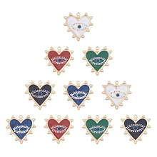 NBEADS Printed Alloy Pendants, with Enamel and ABS Plastic Imitation Pearl, Heart with Eye, Light Gold, Mixed Color, 33x33x2.5mm, Hole: 1.8mm;  5 colors, 2pcs/color, 10pcs/box