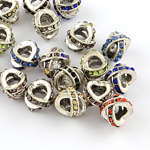 Honeyhandy Letter X Antique Silver Plated Metal Alloy Rhinestone European Beads, Large Hole Beads, Mixed Color, 11x8~9x10mm, Hole: 5mm