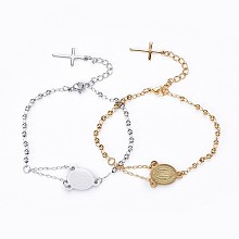 Honeyhandy 304 Stainless Steel Charm Bracelets, Religion Theme, Oval and Cross, Rosary Center Pieces, Mixed Color, 6-3/4 inch(17~17.25cm), 2.8mm