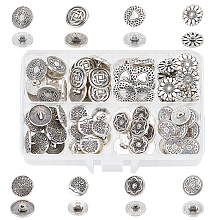 PandaHall Elite 80Pcs 8 Style 1-Hole Zinc Alloy Shank Button, Flat Round, Antique Silver, 15~17.5x15~17.5x6.5~8mm, Hole: 2mm, 10pcs/style