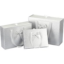 BENECREAT 3 Mixed Size Rectangular Silver Drawer Boxes, Cardboard Gift Boxes with Portable Ribbon, Treat Favor Gift Wrapping Box for Weddings, Festivals, Birthdays, Parties