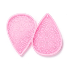 Honeyhandy Food Grade Pendant Silicone Molds, for Earring Makings, Bakeware Tools, For DIY Cake Decoration, Chocolate, Candy Mold, Teardrop with Flower Pattern, Pink, 53x65x5mm, Hole: 2mm, Inner Diameter: 50x31.5mm