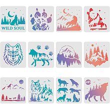 FINGERINSPIRE 12pcs Wolf Stencils 11.8x11.8 inch Forest Wolf Painting Decoration Stencils Reusable Mountain Wolf Stencil Animal Drawing Stencil for Painting on Wood, Floor, Wall, Fabric