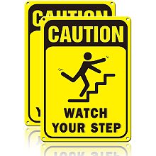 GLOBLELAND 2Pcs Watch Your Step Aluminum Sign Metal Sign for Stairwell Decor, 10x7Inch, Waterproof and Fade Resistance