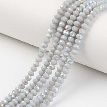 Honeyhandy Electroplate Opaque Solid Color Glass Beads Strands, Half Rainbow Plated, Faceted, Rondelle, Light Grey, 4x3mm, Hole: 0.4mm, about 123~127pcs/strand, 16.5~16.9 inch(42~43cm)