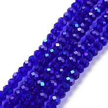 Honeyhandy Electroplate Glass Beads Strands, Half Rainbow Plated, Faceted, Rondelle, Blue, 6x5mm, Hole: 1mm, about 85~88pcs/strand, 16.1~16.5 inch(41~42cm)