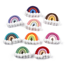 Polycotton(Polyester Cotton) Woven Big Pendants Decorations, Rainbow with Pompom, Mixed Color, 35~37x48~52x16~17.5mm