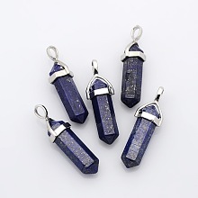 Honeyhandy Natural Lapis Lazuli Double Terminated Pointed Pendants, with Random Alloy Pendant Hexagon Bead Cap Bails, Bullet, Platinum, 36~45x12mm, Hole: 3x5mm, Gemstone: 10mm in diameter