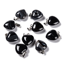 Honeyhandy Natural Black Agate Pendants, with Platinum Brass Loops, Heart, 18~19x15~15.5x7.5~10mm, Hole: 6x2.5~3mm