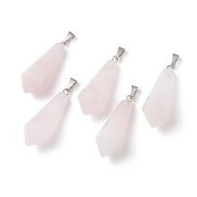 Honeyhandy Natural Rose Quartz Pointed Pendants, with Platinum Plated Brass Loops, Bullet, 35.3~38x13~14mm, Hole: 6.5x2.8mm