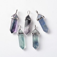 Honeyhandy Natural Fluorite Double Terminated Pointed Pendants, with Random Alloy Pendant Hexagon Bead Cap Bails, Bullet, Platinum, 36~45x12mm, Hole: 3x5mm, Gemstone: 10mm in diameter