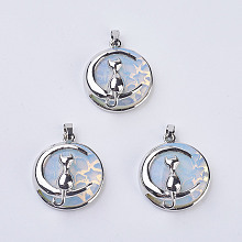 Honeyhandy Opalite Kitten Pendants, with Brass Findings, Flat Round with Cat & Crescent Moon Shape, Platinum, 32x27.5x10mm, Hole: 5x7mm