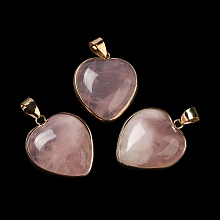 Honeyhandy Natural Rose Quartz Pendants, Heart Charms, with Golden Tone Iron and Brass Findings, 29x24~24.5x6~6.5mm, Hole: 7~7.3x3.8~4.3mm