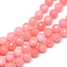 Honeyhandy Natural White Jade Bead Strands, Dyed, Faceted, Round, Light Coral, 8~9mm, Hole: 1mm, about 46pcs/strand, 14.76~14.96 inch(37.5~38cm)