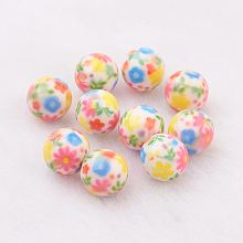 Honeyhandy Spray Painted Resin Beads, with Flower Pattern, Round, Colorful, 10mm, Hole: 2mm