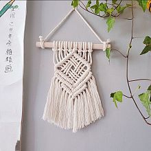 Honeyhandy Cotton Cord Macrame Woven Wall Hanging, with Plastic Non-Trace Wall Hooks, for Nursery and Home Decoration, Floral White, 450~470x200x21mm