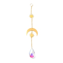 Honeyhandy Hanging Crystal Aurora Wind Chimes, with Prismatic Pendant and Moon & Sun Iron Link, for Home Window Chandelier Decoration, Golden, 240x2.5mm