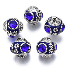 Honeyhandy Handmade Indonesia Round Beads, with Glass Cabochons and Antique Silver Metal Color Double Alloy Cores, Midnight Blue, 14~15x15~16mm, Hole: 2mm