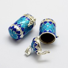 Honeyhandy Brass Prayer Box Pendants, with Enamel, Column & Flower, Silver Color Plated, Blue, 28x18.5x14.5mm, Hole: 4x6mm