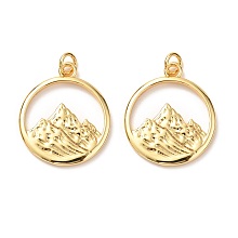 Honeyhandy Brass Pendants, with Jump Ring, Long-Lasting Plated, Flat Round with Alps Mountain, Real 18K Gold Plated, 23.5x20x2mm, Hole: 3mm, Jump Ring: 5x0.8mm