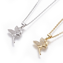 Honeyhandy 304 Stainless Steel Pendant Necklaces, with Brass Cubic Zirconia Pendants, Fairy, Mixed Color, 17.32 inch~17.71 inch(44~45cm), Pendant: 18x13x2mm