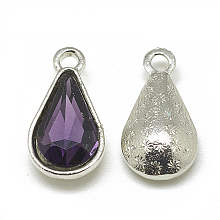 Honeyhandy Alloy Glass Pendants, Faceted, teardrop, Platinum, Purple, 18x10x5mm, Hole: 2mm