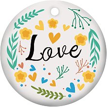 SUPERFINDINGS 1PC Love Theme Ornament Anniversary Ceramic Keepsake Hanging Ornament Porcelain Pendants for Home Indoor Outdoor Decor, Double-Sided Printed, Flat Round, Yellow Green, 3inch