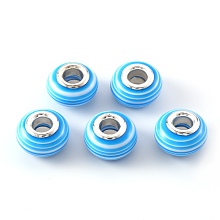 Honeyhandy Resin European Beads, Large Hole Beads, with Silver Plated Brass Double Cores, Stripe, Rondelle, Light Sky Blue, 14x8~8.5mm, Hole: 5mm