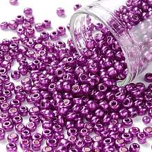 Honeyhandy 8/0 Glass Seed Beads, Metallic Colours Style, Round, Purple, 8/0, 3mm, Hole: 1mm, about 10000pcs/pound