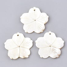 Honeyhandy Freshwater Shell Pendants, Flower, Seashell Color, 48x48.5~49.5x3~5mm, Hole: 1.4~3mm