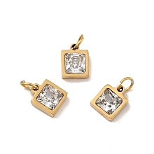 Honeyhandy Vacuum Plating 304 Stainless Steel Pendants, with Cubic Zirconia and Jump Rings, Single Stone Charms, Square, Golden, Clear, 8.5x7x3mm, Hole: 3.6mm