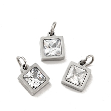 Honeyhandy 304 Stainless Steel Pendants, with Cubic Zirconia and Jump Rings, Single Stone Charms, Square, Stainless Steel Color, Clear, 8.5x7x3mm, Hole: 3.6mm