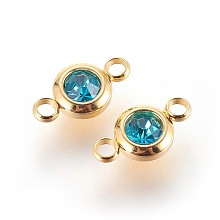 Honeyhandy 304 Stainless Steel Rhinestone Links connectors, Flat Round, Golden, Indicolite, 12x6.5x4mm, Hole: 2mm