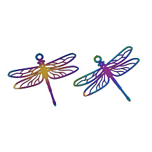 Honeyhandy Ion Plating(IP) 201 Stainless Steel Filigree Pendants, Etched Metal Embellishments, Dragonfly, Rainbow Color, 29x34.5x0.2mm, Hole: 1.8mm