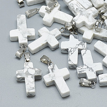 Honeyhandy Natural Howlite Pendants, with Stainless Steel Snap On Bails, Cross, 29~30x18~19x5~6mm, Hole: 6x4mm