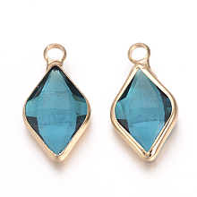 Honeyhandy Glass Pendants, with Brass Findings, Faceted, Rhombus, Nickel Free, Raw(Unplated), Dodger Blue, 18x10x4.5mm, Hole: 2mm