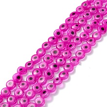 Honeyhandy Handmade Evil Eye Lampwork Flat Round Bead Strands, Deep Pink, 6x3mm, Hole: 1mm, about 65pcs/strand, 14 inch