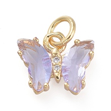 Honeyhandy Brass Micro Pave Clear Cubic Zirconia Pendant, with Glass, Butterfly, Golden, Lavender, 11x9.5x3mm, Hole: 3.5mm