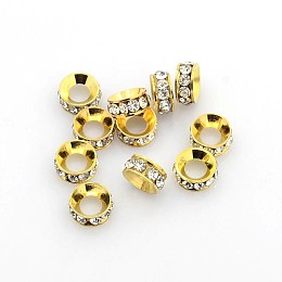 Honeyhandy Brass Rhinestone Spacer Beads, Grade A, Rondelle, Golden Metal Color, Crystal, 7x3.3mm, Hole: 3.5mm