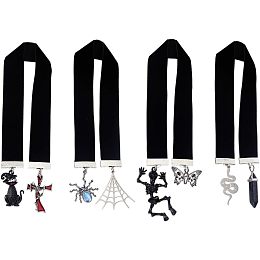 FINGERINSPIRE 4 Styles Black Velvet Ribbon Bookmark 12.8~13.3 inch Vintage Metal Charm Bookmark with Spider Web Skull Cat Skeleton Pendant Halloween Theme Bookmarks for Student Women Men Book Lovers