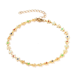 Honeyhandy Brass Enamel Flower Link Chain Anklets, with 304 Stainless Steel Lobster Claw Clasps, Colorful, Real 18K Gold Plated, 9-7/8 inch(24.9cm)