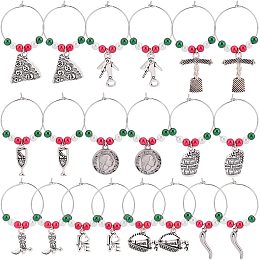 BENECREAT 20Sets 10 Styles Antique Silver Wine Glass Charms, Wine Barrel Opener Italian Horn Pendant with 3 Colors Pearl Glass Markers for Wine Tasting Party Decoration